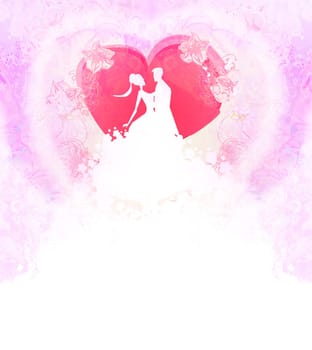 Floral greeting card with silhouette of romantic couple