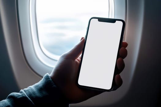 People hand holding a mobile phone with blank screen mockup on the airplane seat, media technology, product mockup..