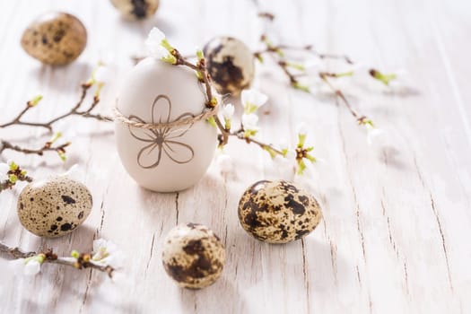 Easter eggs on with cherry branch. Easter decoration with copy space
