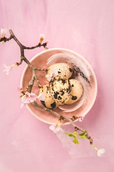 Easter eggs on with cherry branch in pink tone. Easter decoration in vintage style with copy space