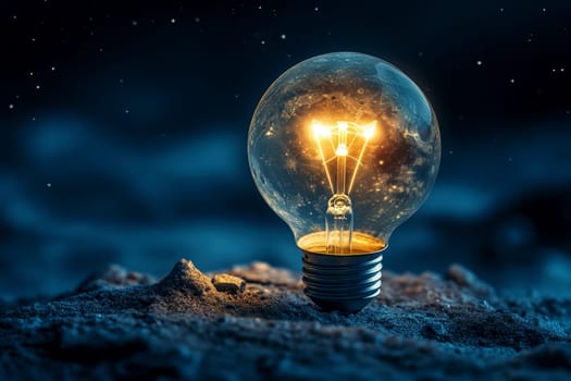 A glowing light bulb on ground emits a soft yellow light, symbolizing innovation ..