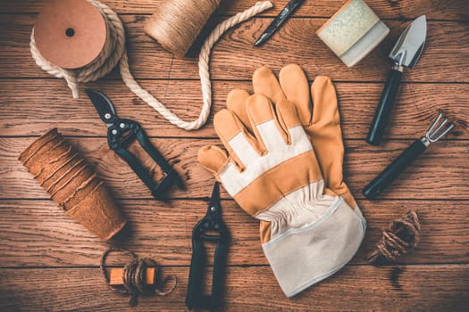 Gardening tools and equipment on wooden background