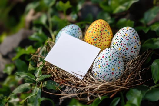 Easter card mockup with a blank white paper sheet in an egg nest, eggs, Easter day concept..