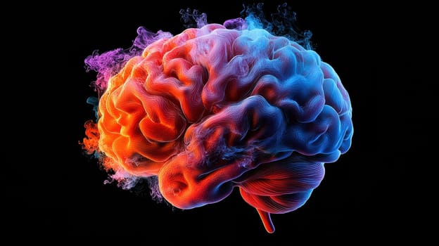 A futuristic colorful human brain is shown on a black background..