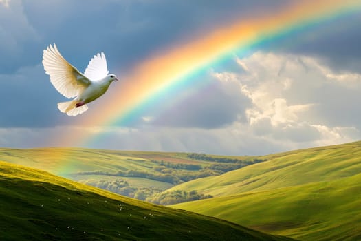 A white dove flies over a mountain range with a rainbow in the sky..