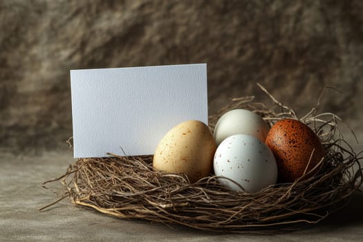 Easter card mockup with a blank white paper sheet in an egg nest, eggs, Easter day concept..