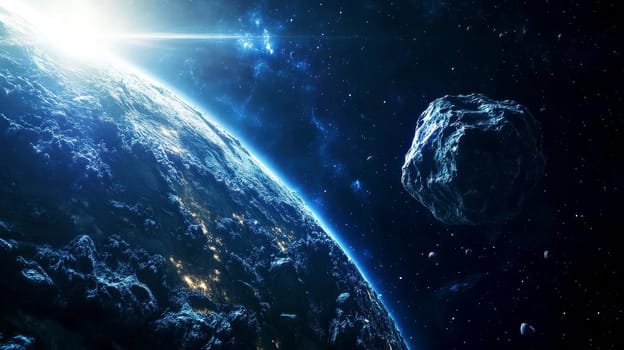 a massive asteroid approaching to a earth planet with a bright sun in the background..