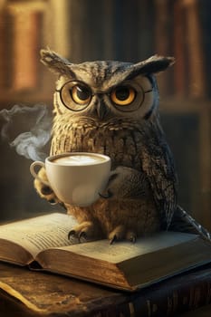An owl wearing glasses is sitting on an open book in a library. High quality illustration