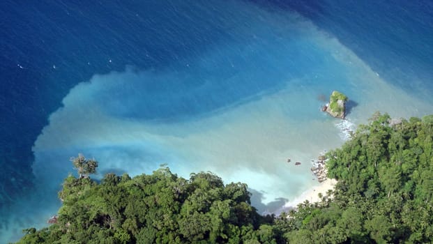 Aerial view of a pristine beach in Andaman Island, Andaman and Nicobar Islands, India.