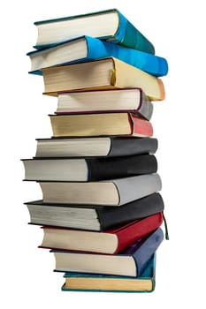 Stack of old books with hardcover isolated on white
