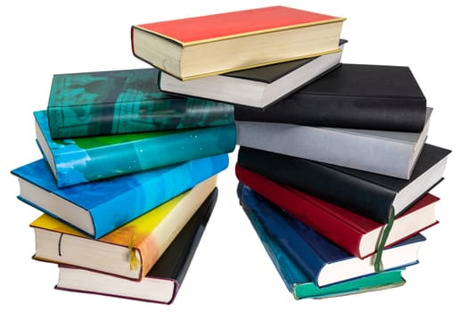 Stack of old books with hardcover isolated on white