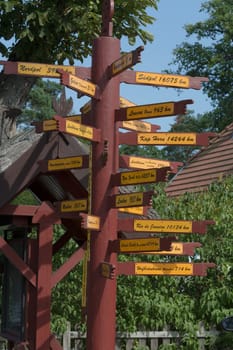 PREROW, GERMANY - July 31, 2018:.Signpost, Ostseebad Prerow, Mecklenburg-West Pomerania, Germany