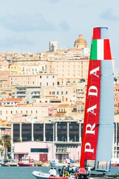 Cagliari, Italy, March 8 2015: "Luna Rossa Prada"" team is training for American 's Cup in the Gulf of Cagliari"