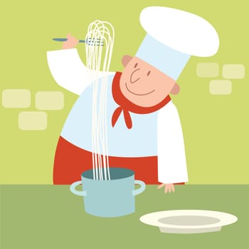 Cook spaghetti in a restaurant kitchen. The chef looks at pasta