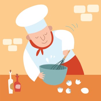 The cook in the kitchen. Whisk the eggs. A restaurant chef