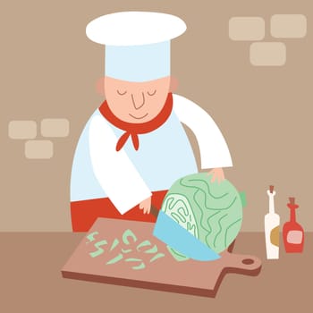 Cook shreds cabbage restaurant kitchen. Cooking salad, vegetarian