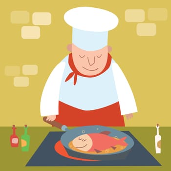 Cook fish fry. Chef of the restaurant in the kitchen watching the pan. Food cooking
