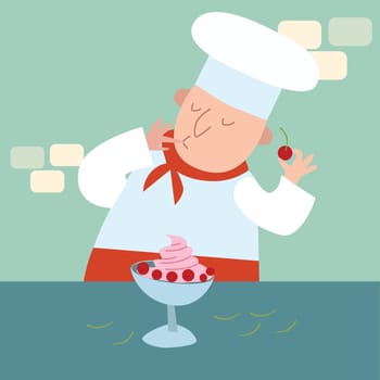 The chef prepares a dessert with berries. Lose the taste of the prepared dish. Satisfied with the work. Berries and ice cream or whipped mousse