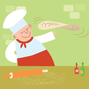 The restaurant cook in the kitchen cooking pizza. Chef rotates the dough