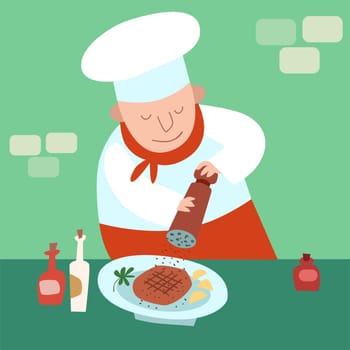 The chef adds pepper to the dish. Butchers chop on the plate. Chef of the restaurant in the kitchen