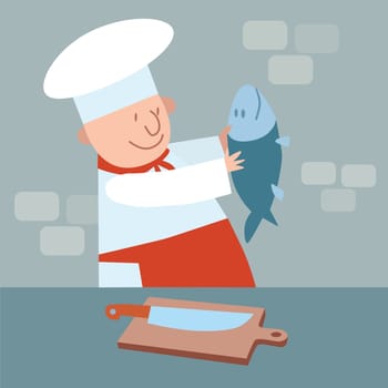 Cook cut up fresh fish. The chef in the kitchen. Food meat