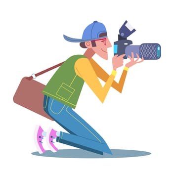 Tourist photographer journalist is on his knees and taking pictures. Photography work in the media blogger