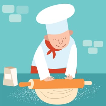 Cook rolls out the dough. Chef of the restaurant is in the kitchen cooking baking