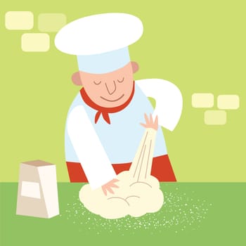 Chef of the restaurant in the kitchen kneads dough. Cook in a candy store