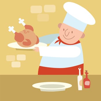 Chef of the restaurant is in the kitchen cooking poultry chicken Turkey duck goose. Food and meat