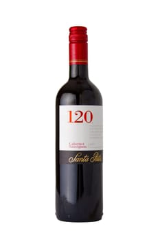Calgary, Alberta, Canada. Feb 13, 2021. A Santa Rita 120 Cabernet Sauvignon bottle of wine on a white background.