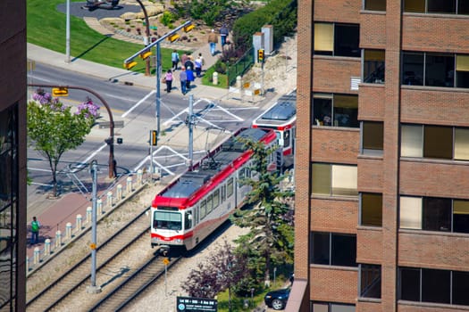 Calgary, Alberta, Canada. Feb 13, 2021. A Calgary C-Train riding during the summer.