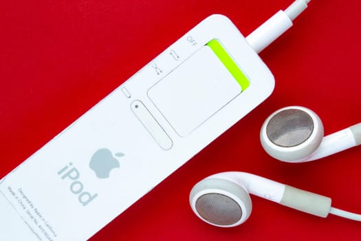 Calgary, Alberta, Canada. Feb 13, 2021. The Back side of an iPod Shuffle. A digital audio player designed and formerly marketed by Apple.