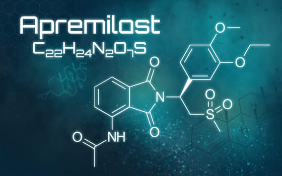 Chemical formula of Apremilast on a futuristic background