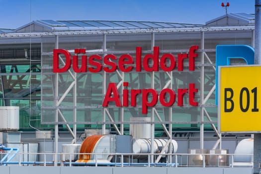 DUESSELDORF, NRW, GERMANY - JUNE 18, 2019:.Logo of Duesseldorf Airport on terminal