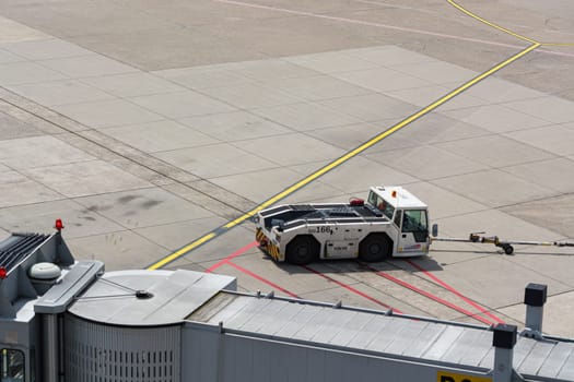 DUESSELDORF, NRW, GERMANY - JUNE 18, 2019:.Various vehicles on the airfield of the airport Duesseldorf