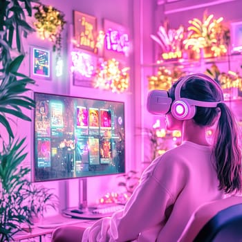 A person engages with a virtual reality headset, immersed in a colorful digital world displayed on a monitor. The room is adorned with neon lights and plants, creating a lively atmosphere.