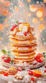 A tall stack of fluffy pancakes is topped with diced butter and drizzled with golden honey. Fresh strawberries and powdered sugar enhance the delightful breakfast treat.