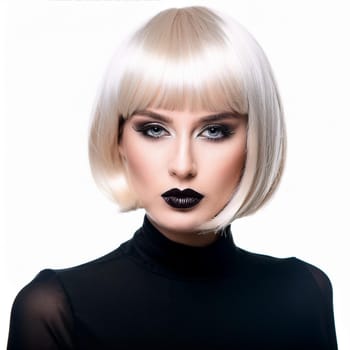 This beautiful young woman showcases her colorful bob hairstyle and striking makeup in a closeup portrait.