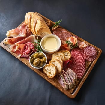 Assorted cured meats beautifully arranged with fresh baguette slices and creamy butter perfect for sharing and enjoying together.