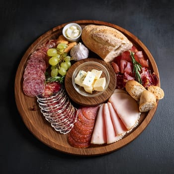 Assorted cured meats beautifully arranged with fresh baguette slices and creamy butter perfect for sharing and enjoying together.