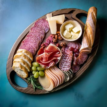 Assorted cured meats beautifully arranged with fresh baguette slices and creamy butter perfect for sharing and enjoying together.