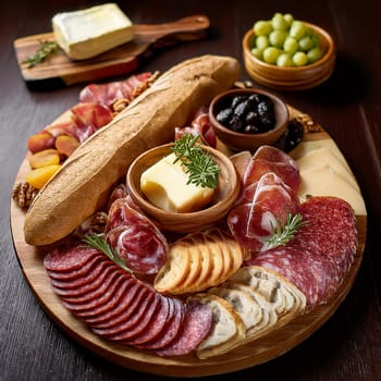 Assorted cured meats beautifully arranged with fresh baguette slices and creamy butter perfect for sharing and enjoying together.