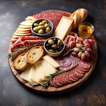 Assorted cured meats beautifully arranged with fresh baguette slices and creamy butter perfect for sharing and enjoying together.