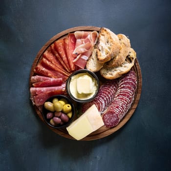 Assorted cured meats beautifully arranged with fresh baguette slices and creamy butter perfect for sharing and enjoying together.