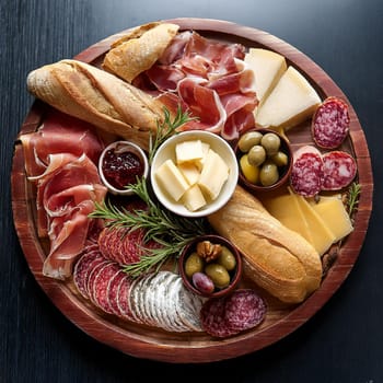 Assorted cured meats beautifully arranged with fresh baguette slices and creamy butter perfect for sharing and enjoying together.