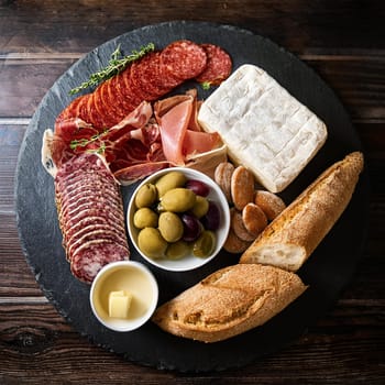 Assorted cured meats beautifully arranged with fresh baguette slices and creamy butter perfect for sharing and enjoying together.