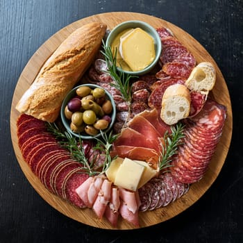 Assorted cured meats beautifully arranged with fresh baguette slices and creamy butter perfect for sharing and enjoying together.