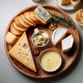 Artfully arranged selection of cheeses paired with fresh baguette slices and rich butter perfect for sharing and enjoying together.