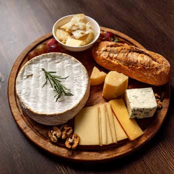 Artfully arranged selection of cheeses paired with fresh baguette slices and rich butter perfect for sharing and enjoying together.