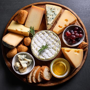 Artfully arranged selection of cheeses paired with fresh baguette slices and rich butter perfect for sharing and enjoying together.